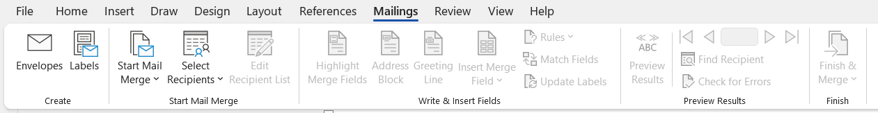 Mailings Tab in MS Word