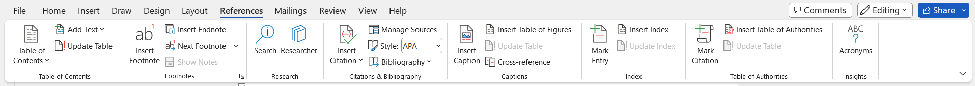 References Tab in MS Word